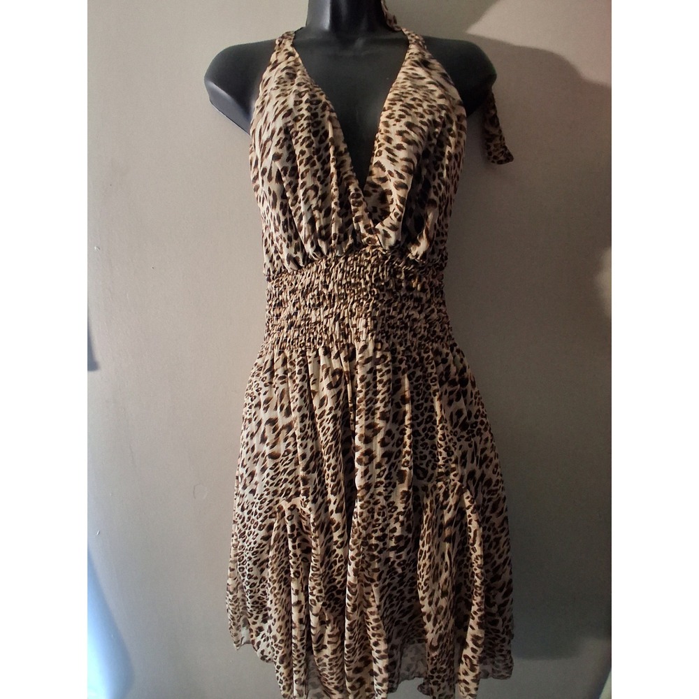 Leopard Print Halter Mini Dress Smocked Waist‎ Animal Print Brown Tan V-Neck